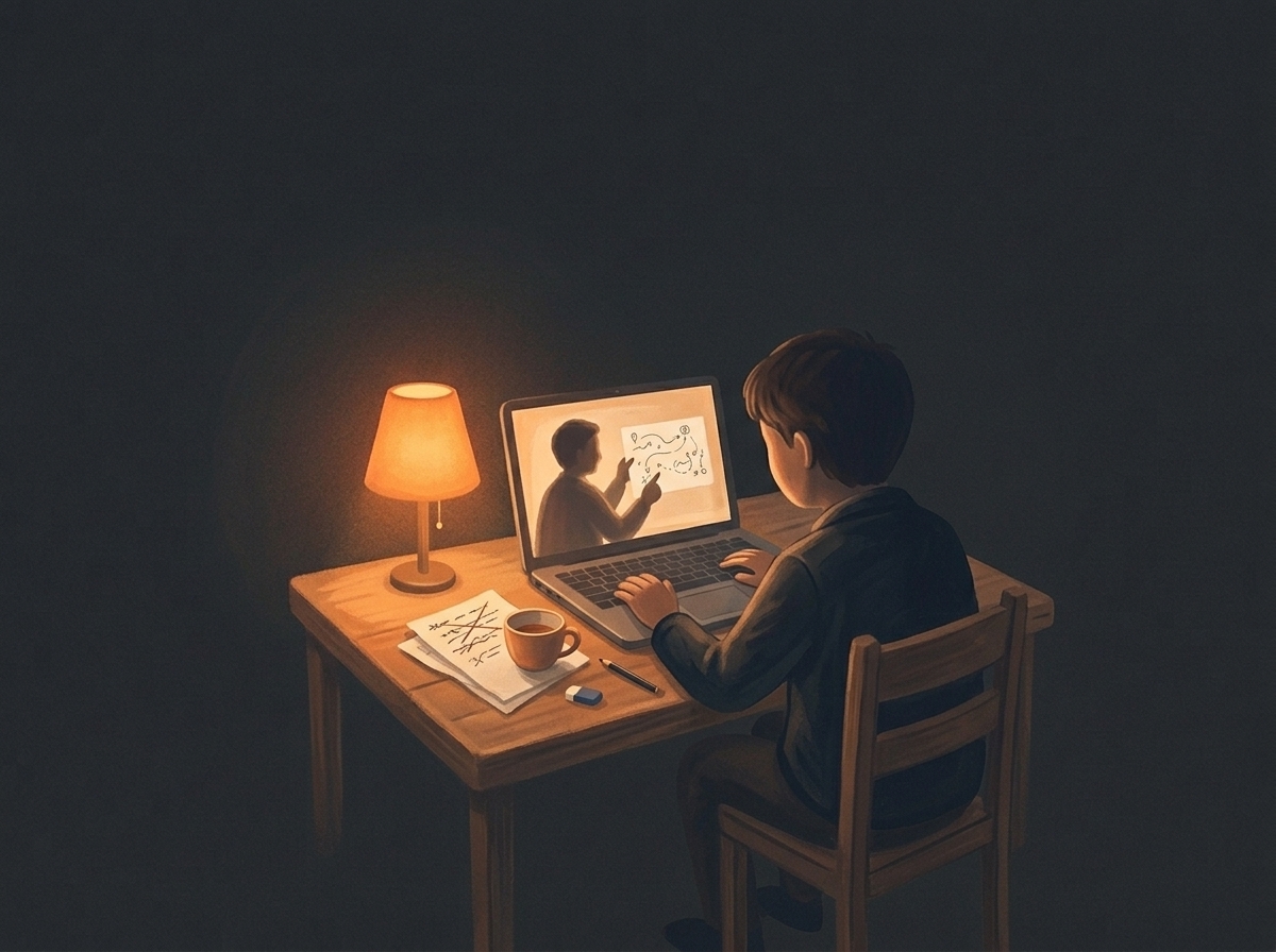 A learner on a video call with a mentor who holds up a simple hand-drawn diagram
