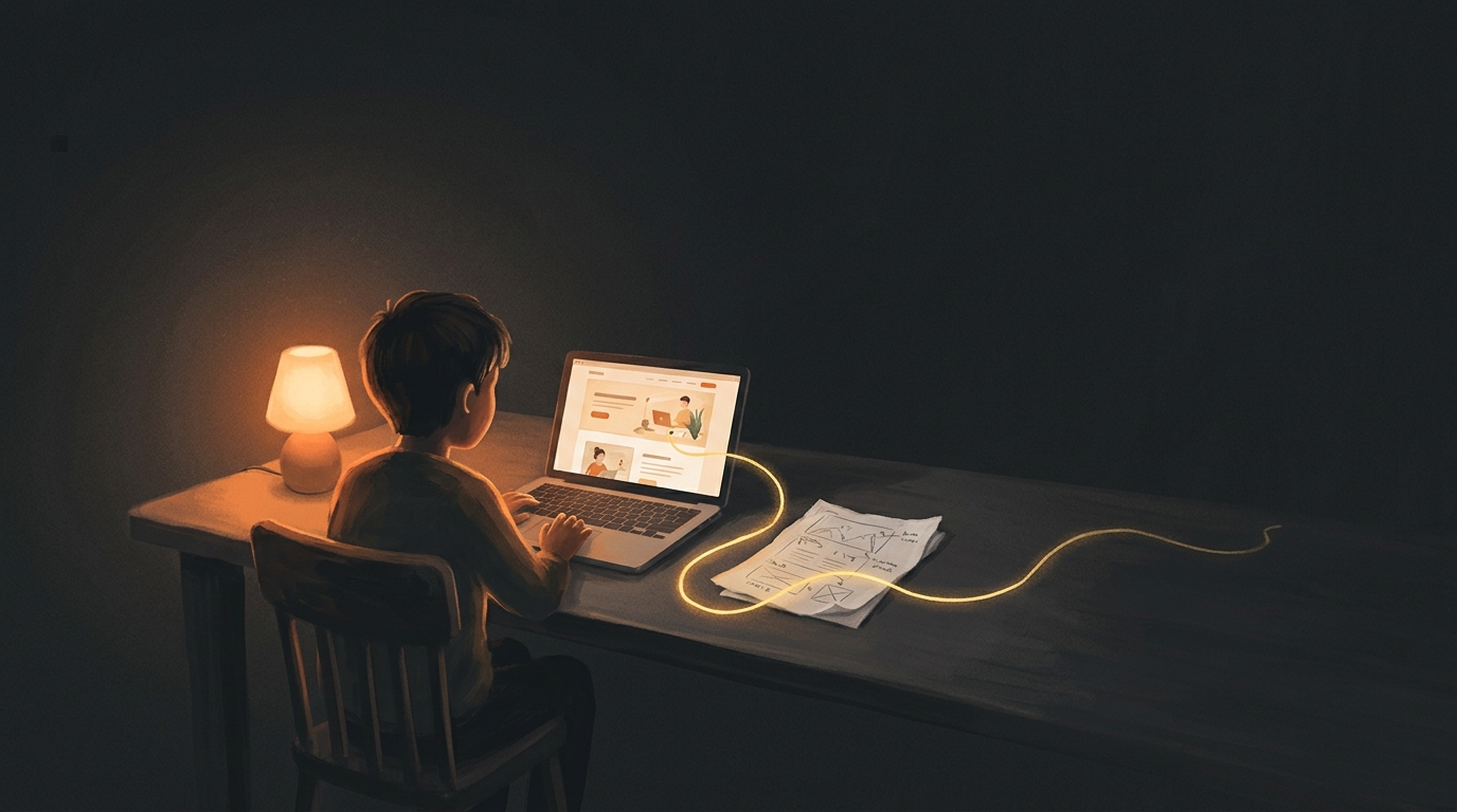 A founder at a kitchen table watching a paper sketch become a working website on a laptop