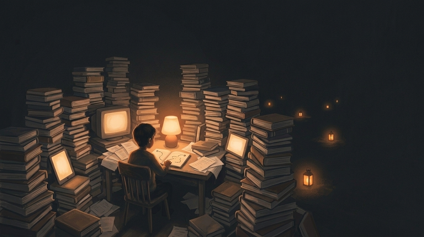 A self-learner at a lamplit desk among toppling stacks of books and glowing screens, sketching a path map