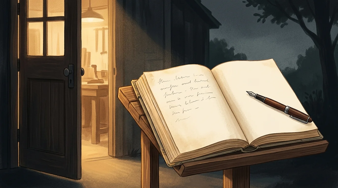 An open guestbook on a wooden stand beside a lit workshop door at dusk, with a pen resting on a fresh blank page