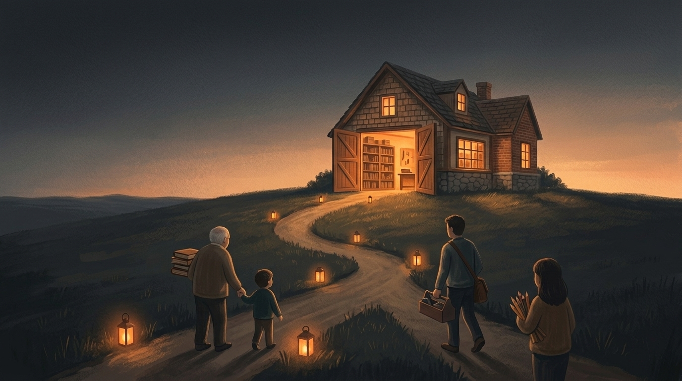 People of different ages walking a lantern-lit path toward an open library and workshop at dawn, some carrying books and some carrying tools