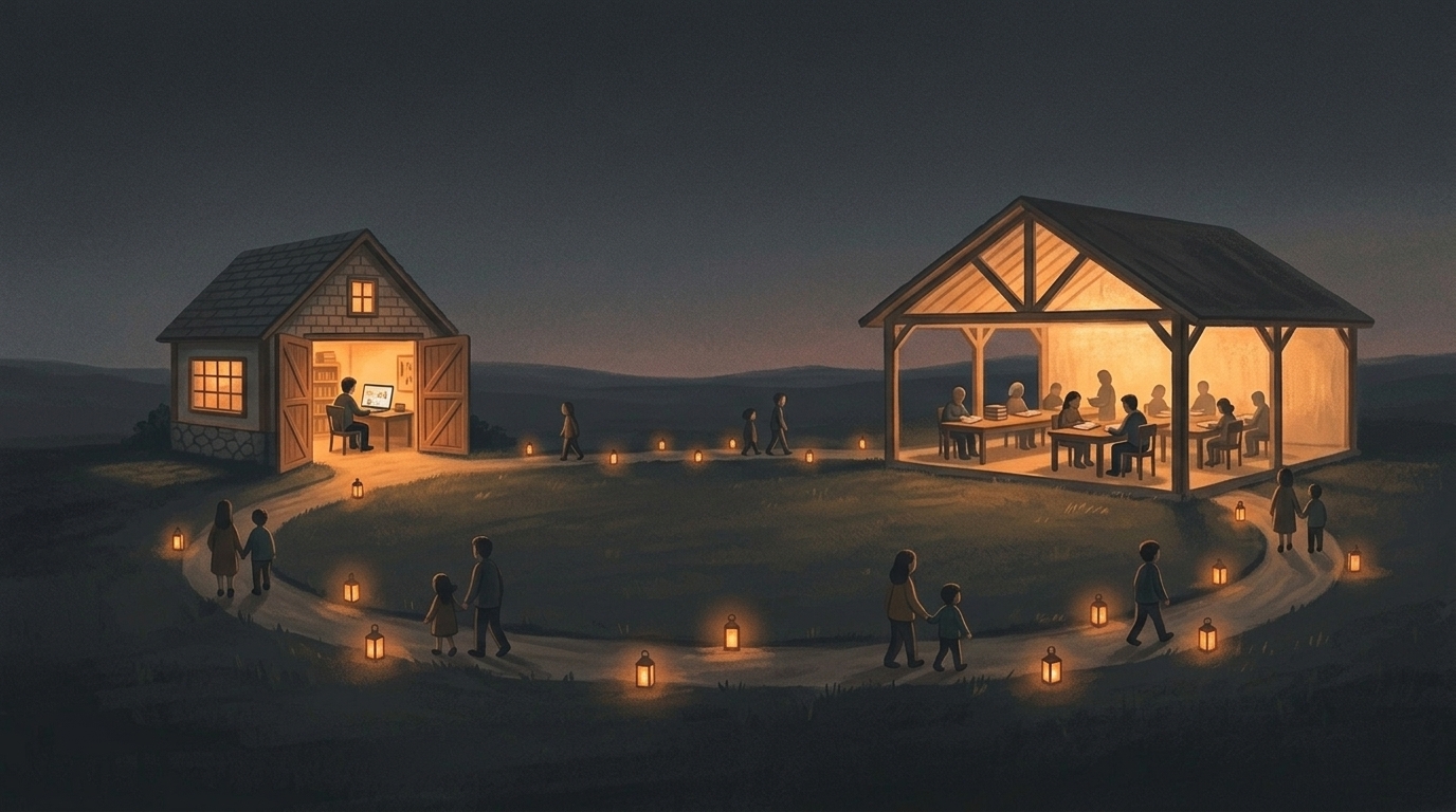 A loop of lanterns joining a workshop, where a client's website glows on screen, and a hall where people of all ages learn